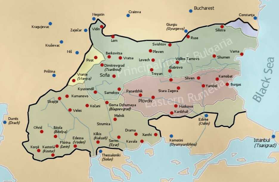 Ayastefanos Antlaşması’na göre büyük Bulgaristan ve diğer balkan devletlerinin sınırlarını gösteren harita.